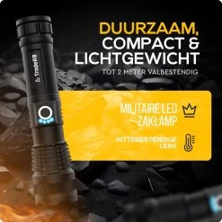 TradeRB® Militaire LED Zaklamp - USB Oplaadbare Zaklamp - Inclusief 5000 MAh Batterij - 20 Branduren - Zoomfunctie - Telescopische Lens - 3000 Lumen - Aluminium - Zwart -Kampeerclub 1200x1200 2100