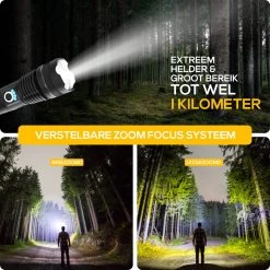 TradeRB® Militaire LED Zaklamp - USB Oplaadbare Zaklamp - Inclusief 5000 MAh Batterij - 20 Branduren - Zoomfunctie - Telescopische Lens - 3000 Lumen - Aluminium - Zwart -Kampeerclub 1200x1200 2101