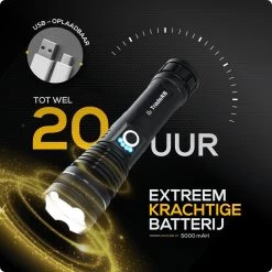TradeRB® Militaire LED Zaklamp - USB Oplaadbare Zaklamp - Inclusief 5000 MAh Batterij - 20 Branduren - Zoomfunctie - Telescopische Lens - 3000 Lumen - Aluminium - Zwart -Kampeerclub 1200x1200 2102