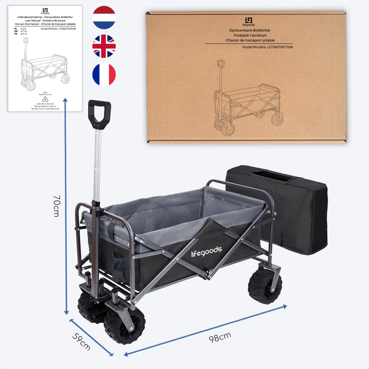 LifeGoods Bolderkar - Opvouwbaar - Tot 80KG - 94L - Wasbaar Polyester - 98x45cm - Zwart/Grijs 6 LifeGoods Bolderkar - Opvouwbaar - Tot 80KG - 94L - Wasbaar Polyester - 98x45cm - Zwart/Grijs - Afbeelding 6