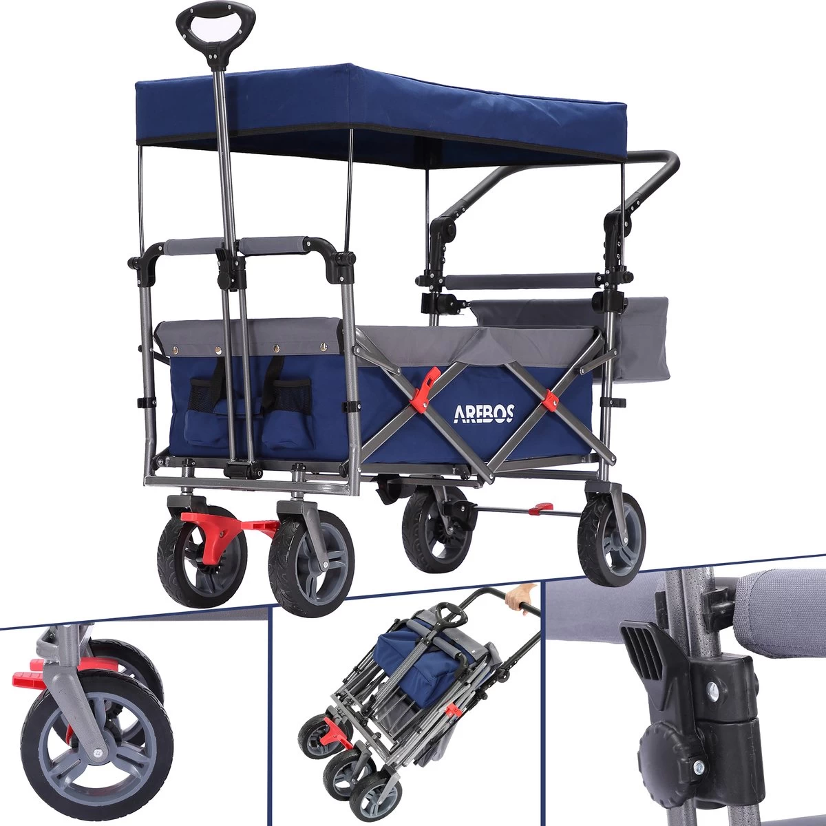 AREBOS Premium Steekwagen Met Dak Opvouwbare Tuinkar Handkar Bolderkar Blauw / Grijs 2 AREBOS Premium Steekwagen Met Dak Opvouwbare Tuinkar Handkar Bolderkar Blauw / Grijs - Afbeelding 2