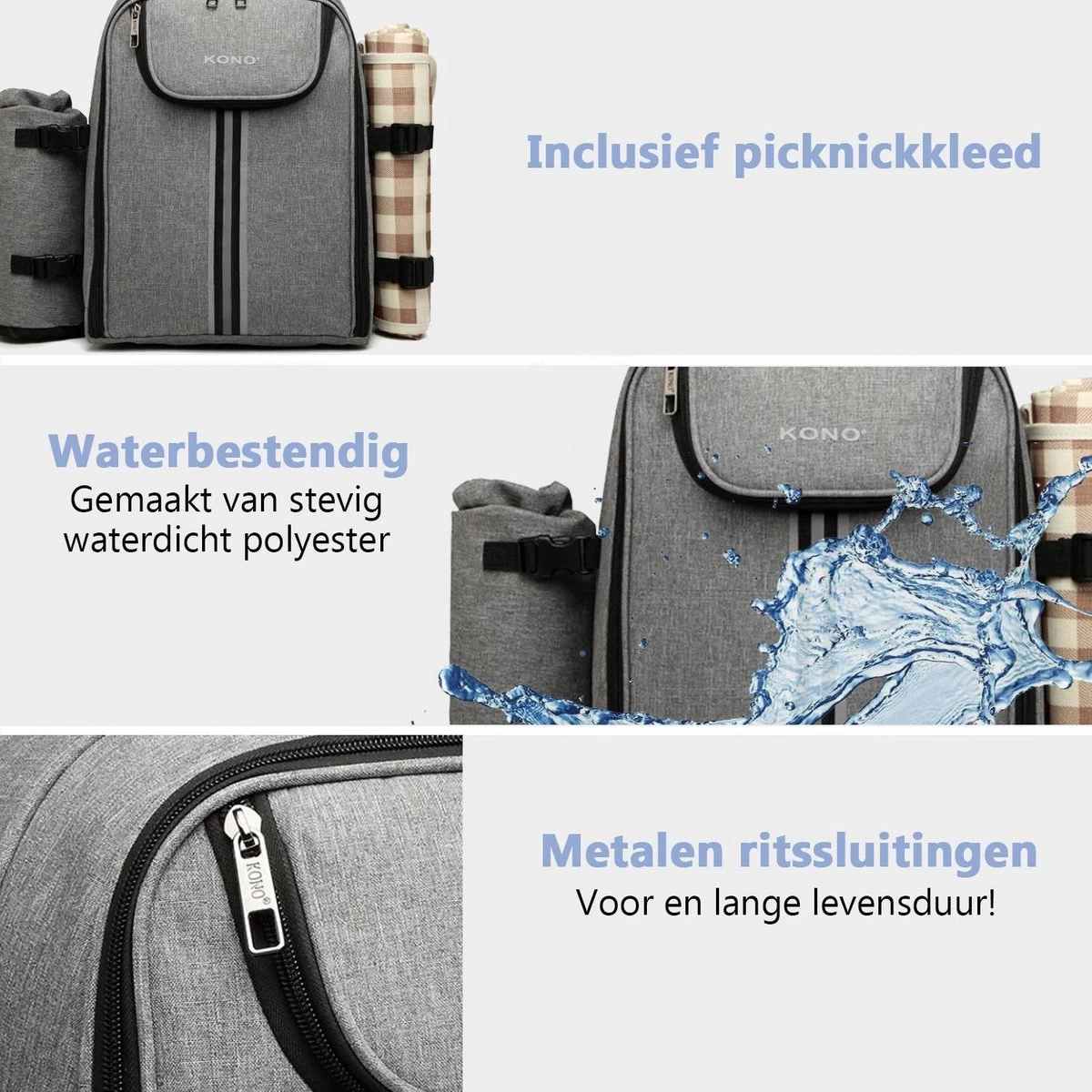 Kono Koeltas - Koelrugzak - Picknick - Picknicktas Met Flessenhouder - Koelrugtas Met Picknickkleed - Grijs (E6915 GY) 9 Kono Koeltas - Koelrugzak - Picknick - Picknicktas Met Flessenhouder - Koelrugtas Met Picknickkleed - Grijs (E6915 GY) - Afbeelding 9