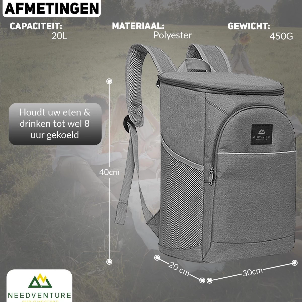Needventure Koeltas - Lunchtas - Koelrugtas - Picknicktas - 20 Liter - Flessenhouder - Bieropener - Grijs 5 Needventure Koeltas - Lunchtas - Koelrugtas - Picknicktas - 20 Liter - Flessenhouder - Bieropener - Grijs - Afbeelding 5
