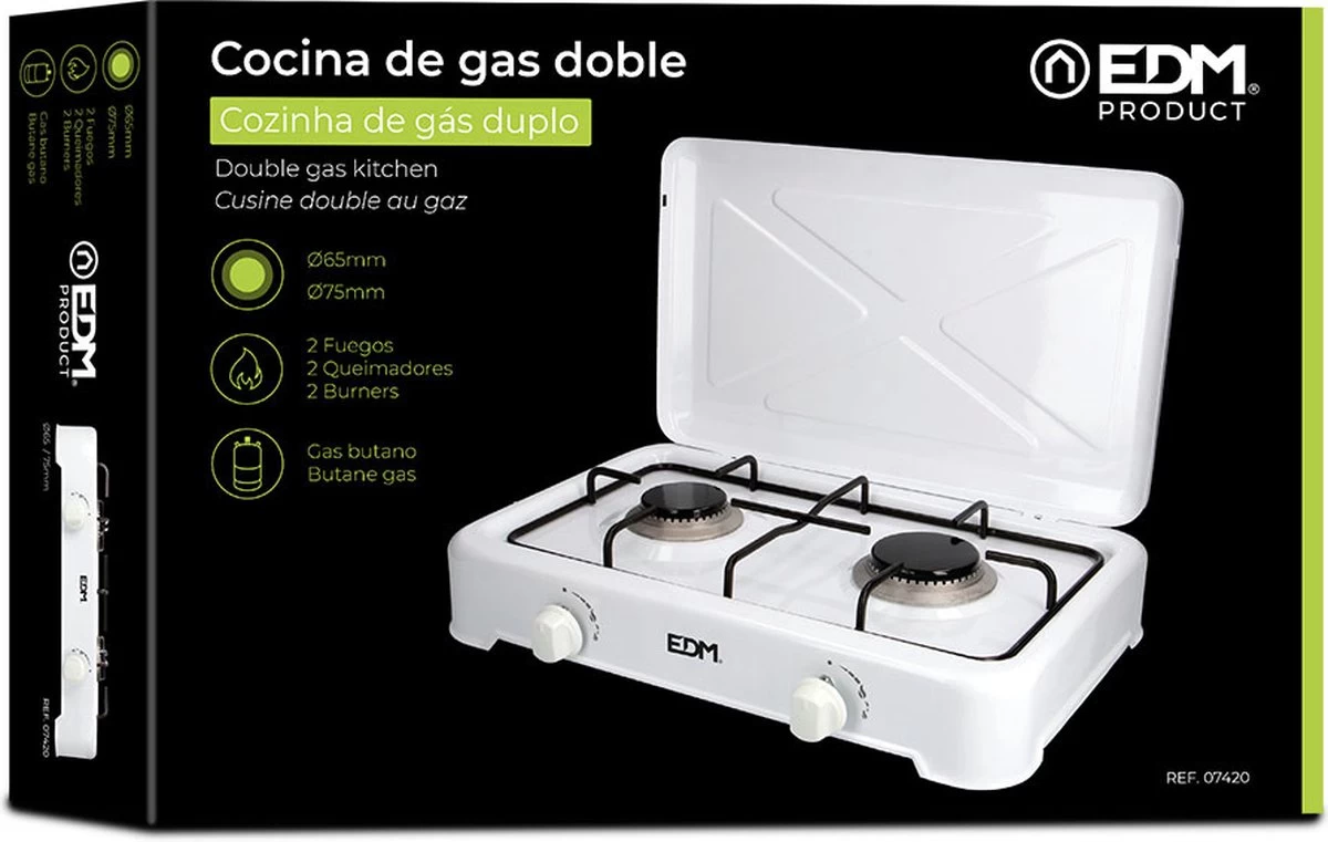 EDM 2-Pits Gaskooktoestel - Camping - Wit - 46x30x12 Cm 3 EDM 2-Pits Gaskooktoestel - Camping - Wit - 46x30x12 Cm - Afbeelding 3