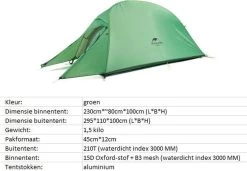 Cloud Up 1 Upgraded - Naturehike® - 1 Persoons Tent - Lichtgewicht Tent - Incl. Grondzeil - 210T 3000mm - Outdoor - Waterdicht - Hiking & Wandelen -Kampeerclub 1200x830