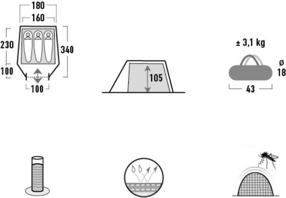 High Peak Lichtgewicht Tunneltent Kite 3 LW, Trekking Tent 3 Personen, 3,1 Kg, Aluminium Stokken, 3000 Mm Waterdicht, Extra Lang 230 Cm 3 High Peak Lichtgewicht Tunneltent Kite 3 LW, Trekking Tent 3 Personen, 3,1 Kg, Aluminium Stokken, 3000 Mm Waterdicht, Extra Lang 230 Cm - Afbeelding 3