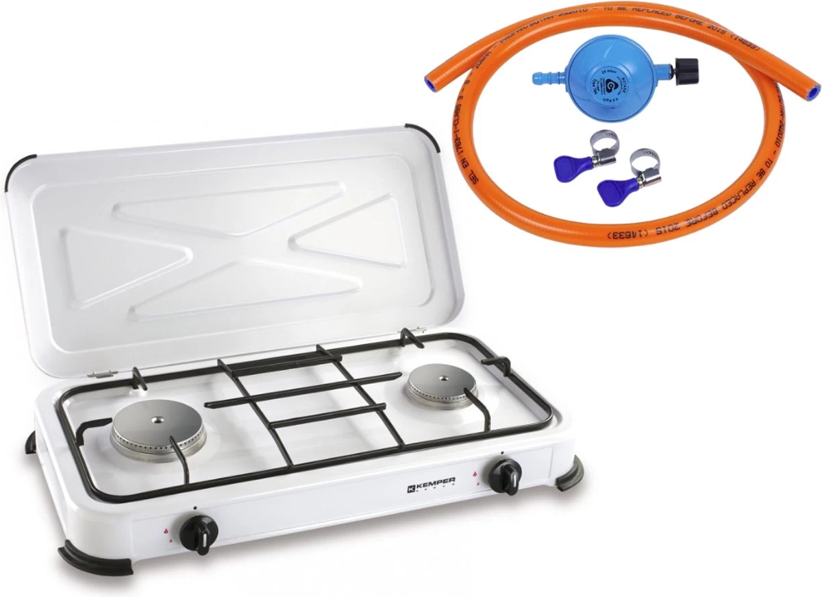 Kemper Gas Kooktoestel - Campingkooktoestel - INCLUSIEF Installatiesetje - Met 2 RVS Branders - 2600W 1 Kemper Gas Kooktoestel - Campingkooktoestel - INCLUSIEF Installatiesetje - Met 2 RVS Branders - 2600W