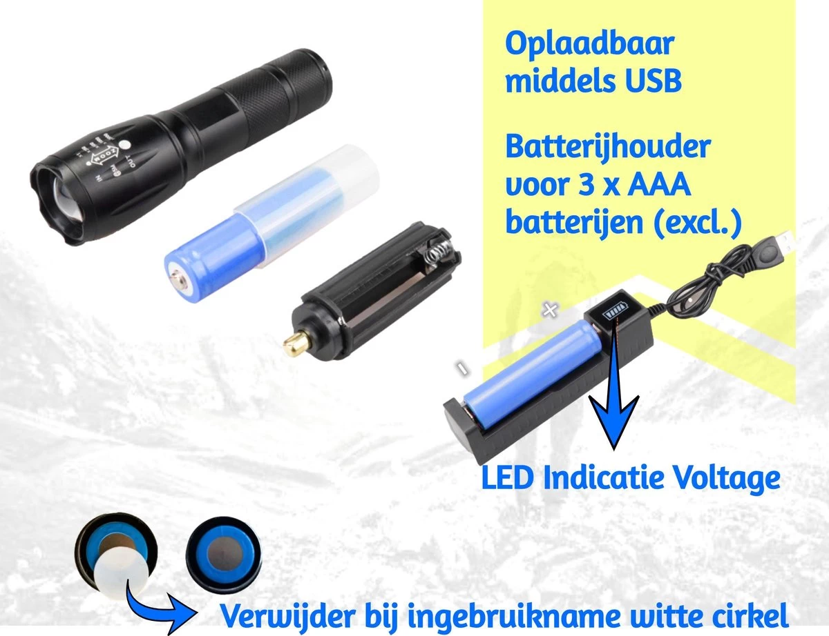 Merkloos Teskies Militaire LED Zaklamp Oplaadbaar - Opbergkit - IPX-6 Waterresistent - 1000 Lumen - Zwart 6 Merkloos Teskies Militaire LED Zaklamp Oplaadbaar - Opbergkit - IPX-6 Waterresistent - 1000 Lumen - Zwart - Afbeelding 6