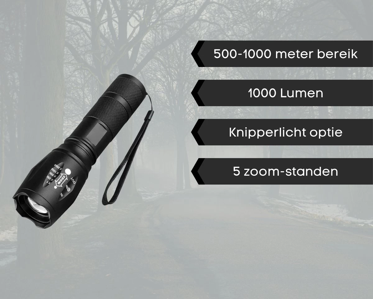 Merkloos Professionele 1000 Lumen LED Zaklamp Met Zoomfunctie 4 Merkloos Professionele 1000 Lumen LED Zaklamp Met Zoomfunctie - Afbeelding 4