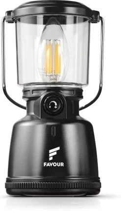 Favour L0818 Retro Camping Lamp Oplaadbaar LED, 320 Lumen, IP64 Waterdicht, Draagbare Kampeerlamp, Tentlamp, Acculamp, Traploos Dimbare Lamp Incl. Kaarslicht-modus, Zwart